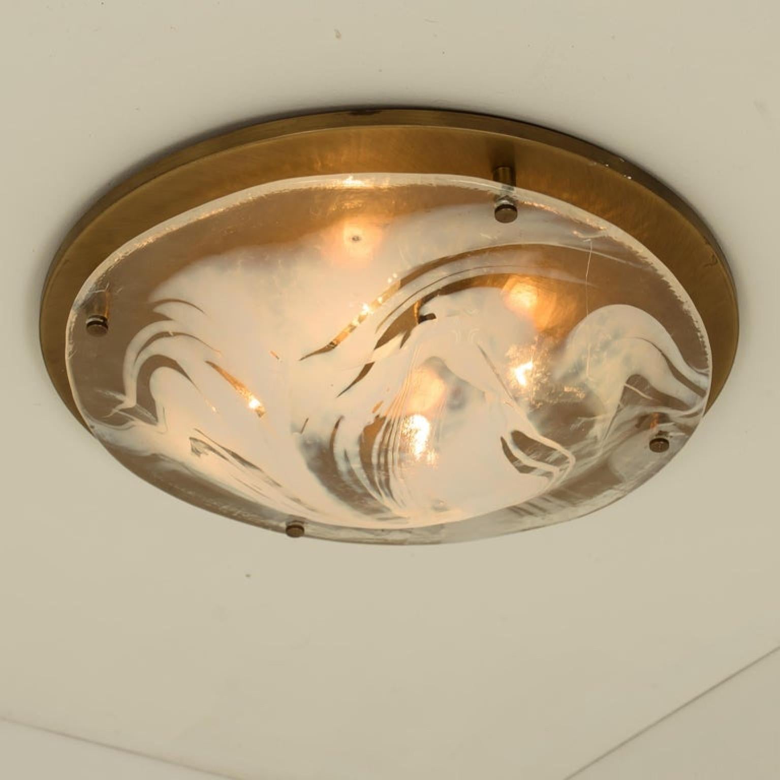 1 of the 9 Brass and Blown Murano Glass Wall Lights/Flush Mounts, 1960s For Sale 5