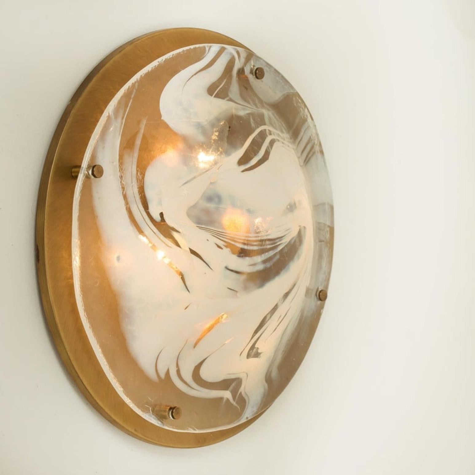 Mid-Century Modern 1 of the 9 Brass and Blown Murano Glass Wall Lights/Flush Mounts, 1960s For Sale