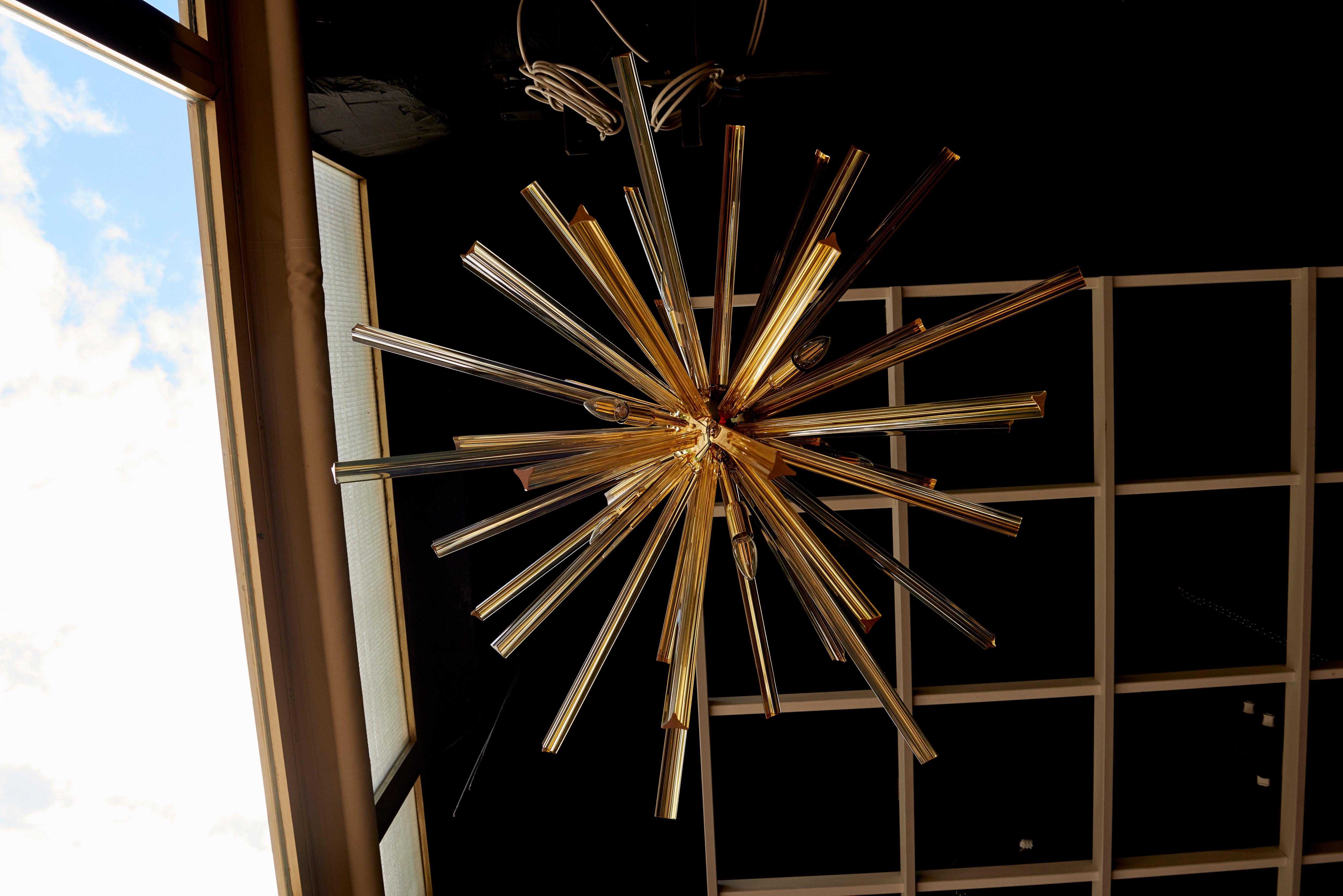 1 or 2 Huge Brass and Amber Murano Glass Sputnik Chandelier Venini Style For Sale 2