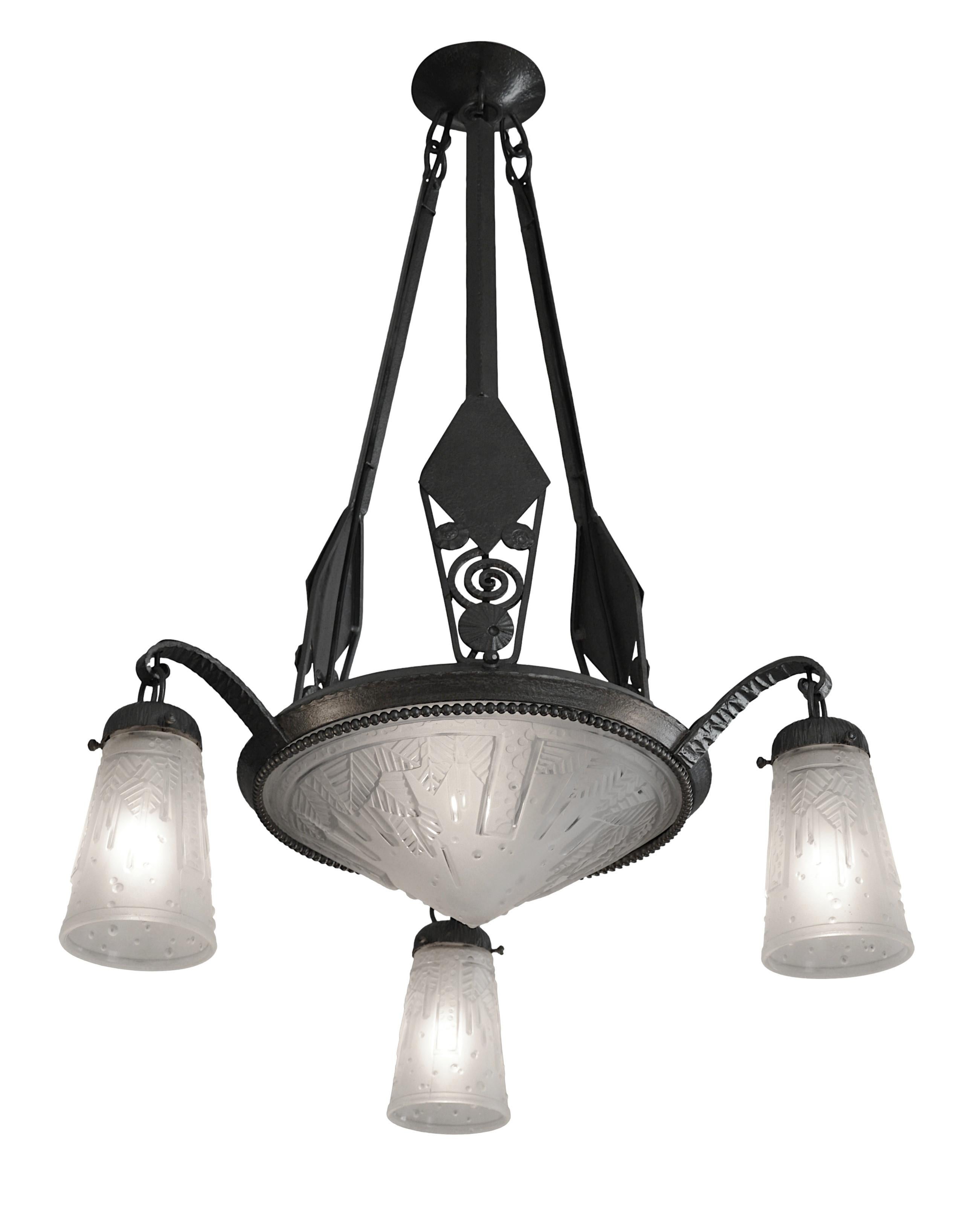 Early 20th Century 1 or Pair, Muller Freres Marcel Vasseur Fag French Art Deco Chandelier, 1920 For Sale