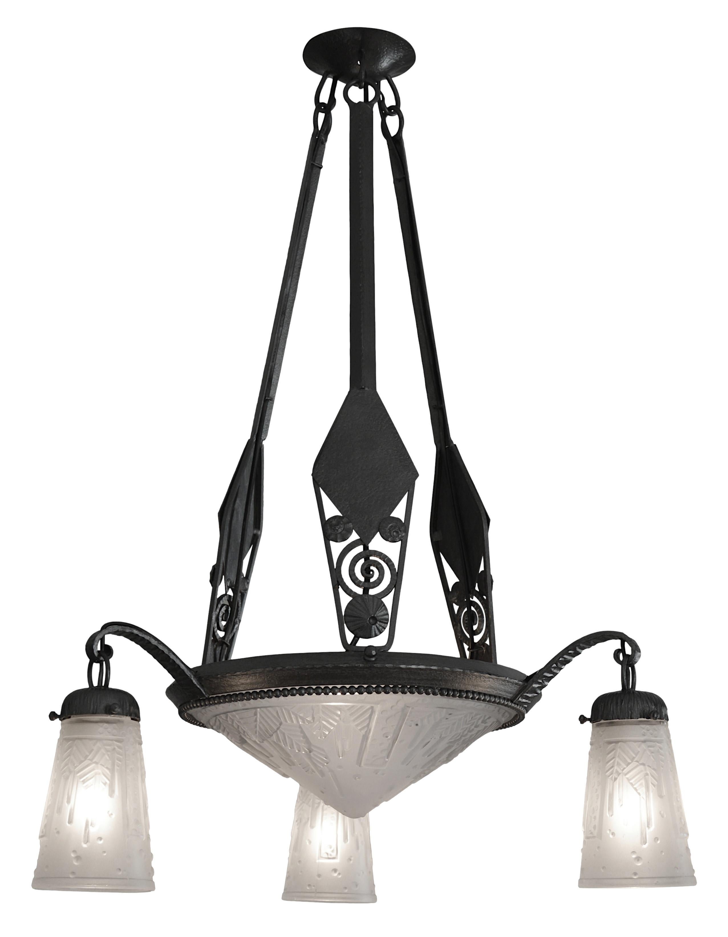 Glass 1 or Pair, Muller Freres Marcel Vasseur Fag French Art Deco Chandelier, 1920 For Sale