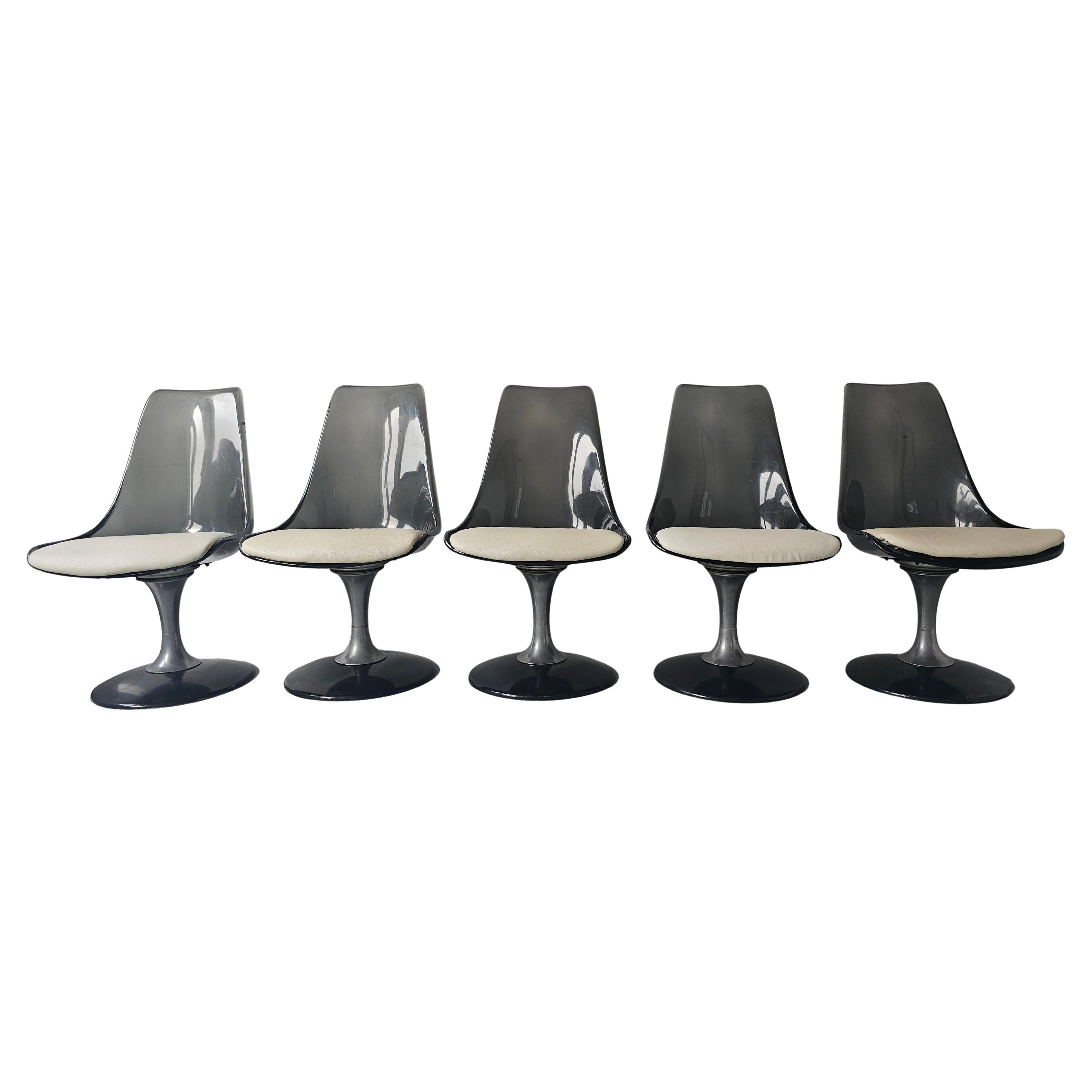1 out of 5 Space Age Tulip Chairs by Chromcraft in smoked lucite and aluminum