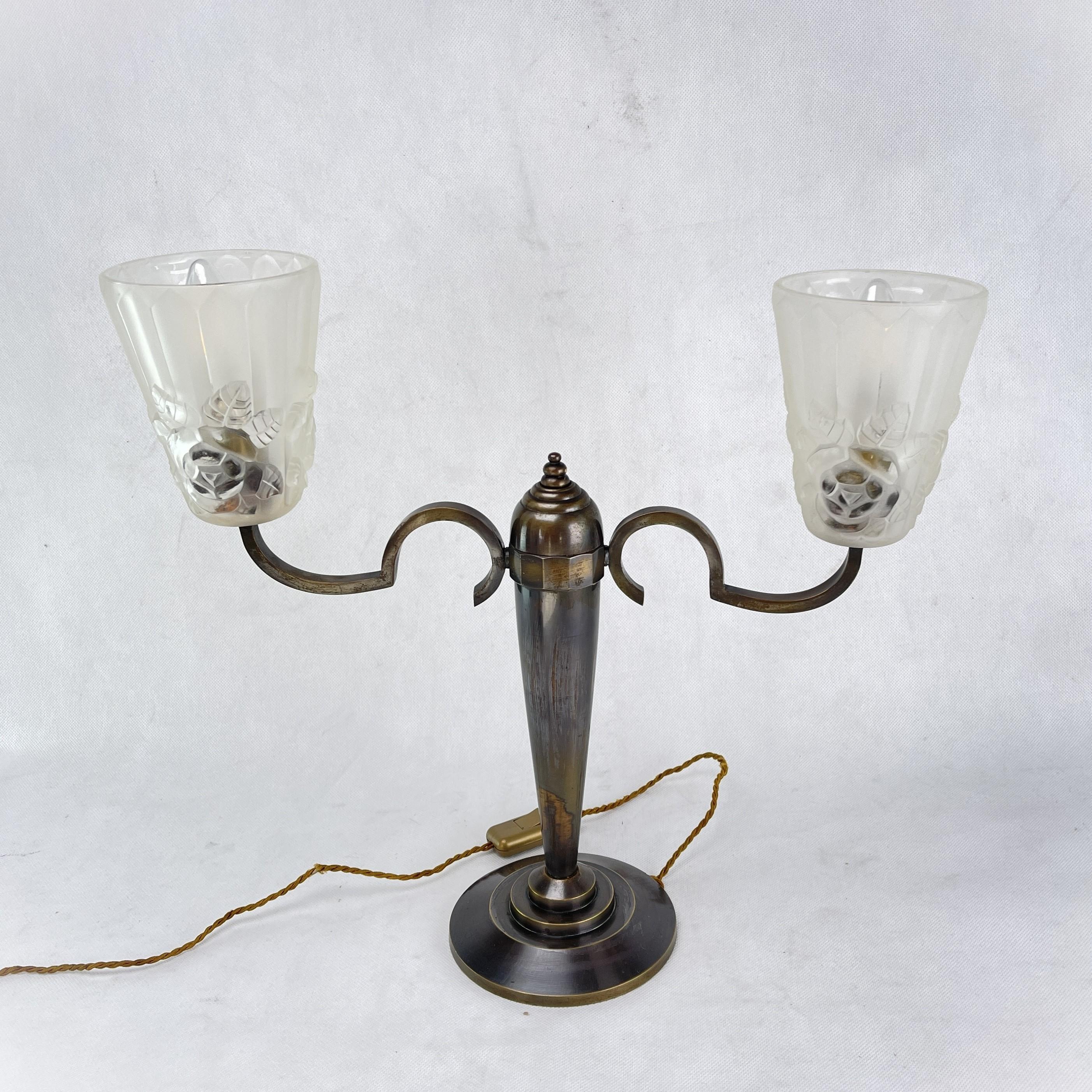 French 1 pair Art Deco double arm lamps by Degué, 1940s For Sale