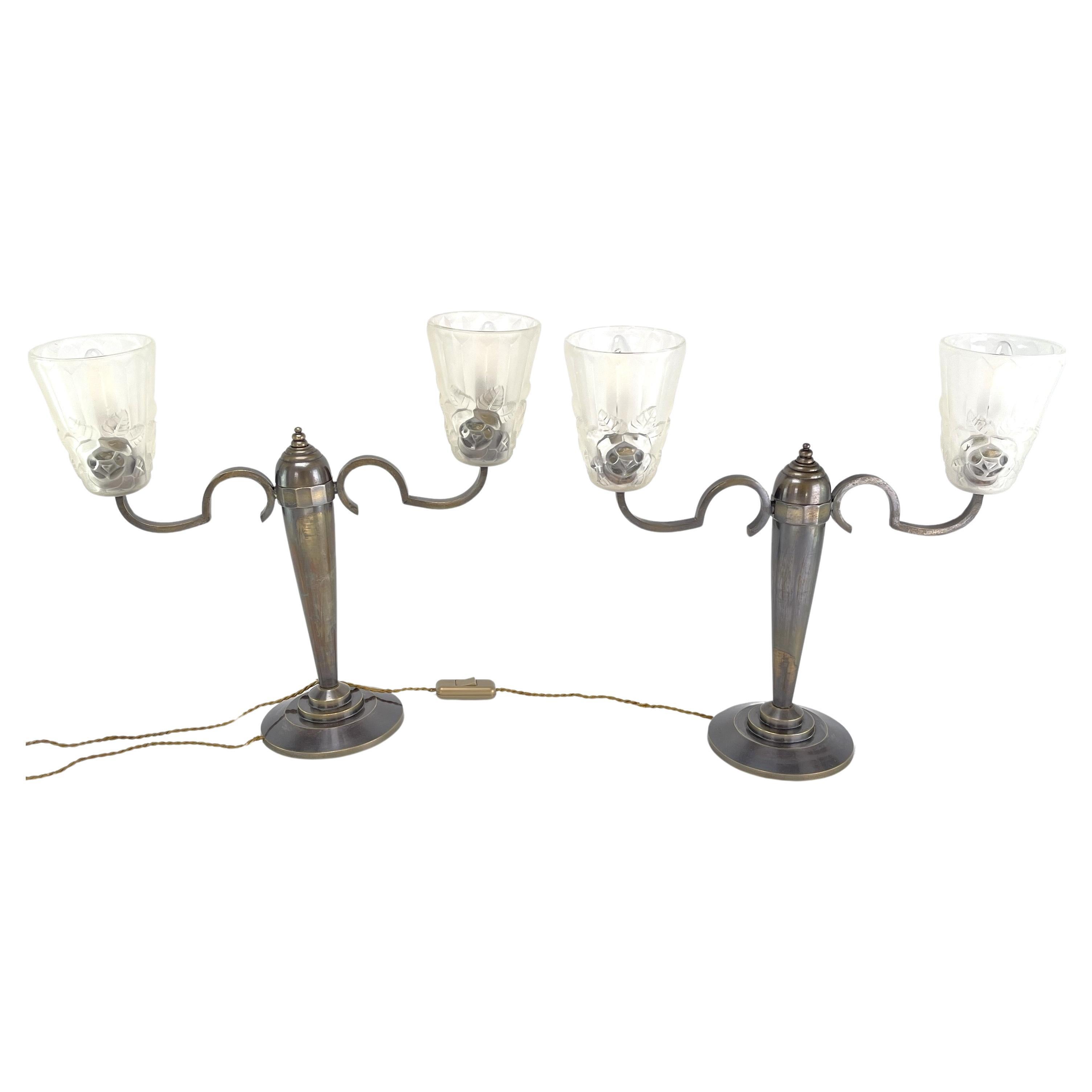 1 pair Art Deco double arm lamps by Degué, 1940s For Sale