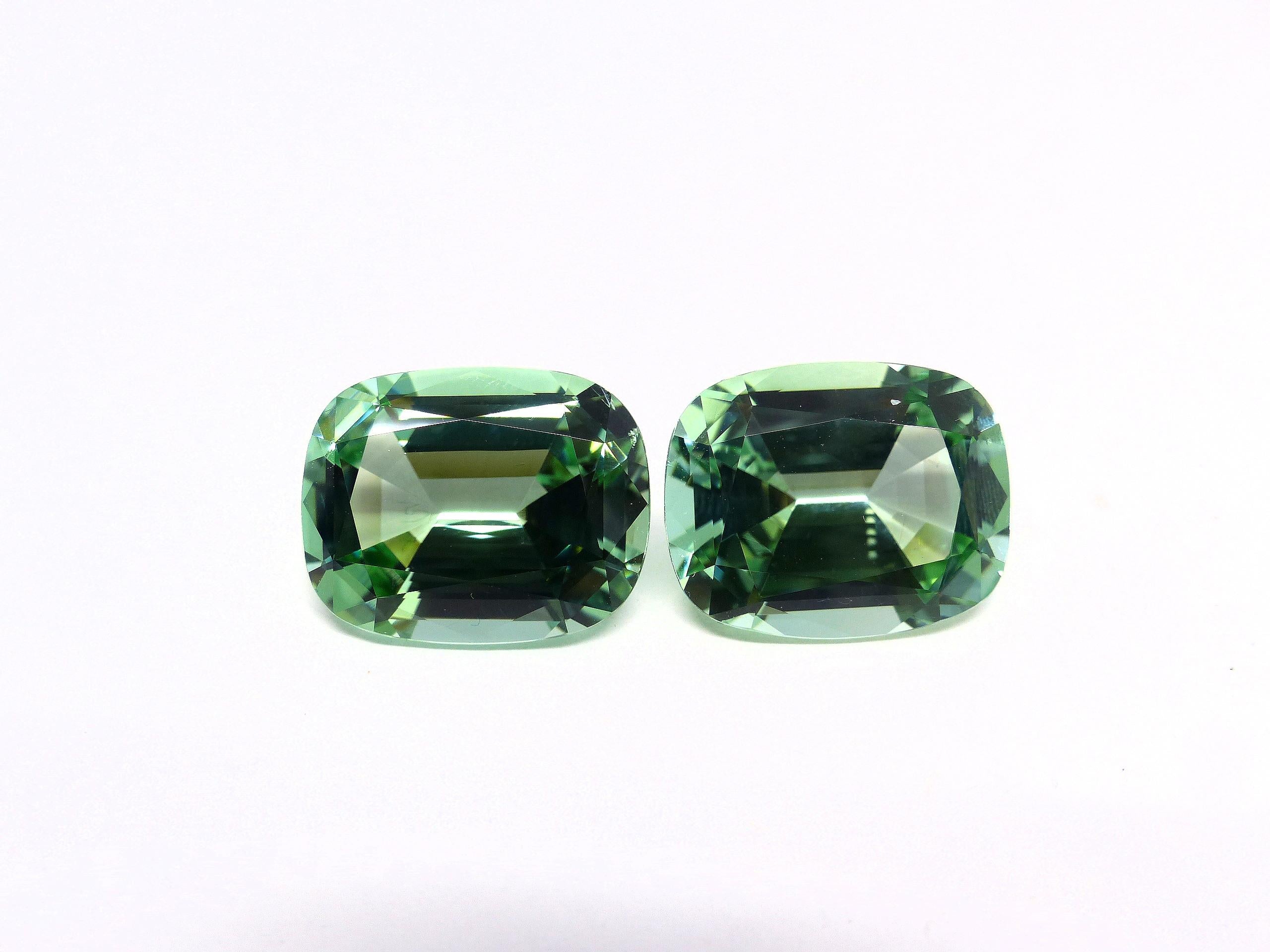 Thomas Leyser is renowned for his contemporary jewellery designs utilizing fine gemstones. He is also renowned for extraordinary loose stones.

2 Tourmalines, mintgreen/electric colour cut with large facettes in cushion shape 19x15mm, 9,5mm