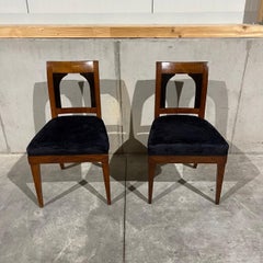 1 pair of antique chairs  Biedermeier around 1820  cherry wood  dark blue fab