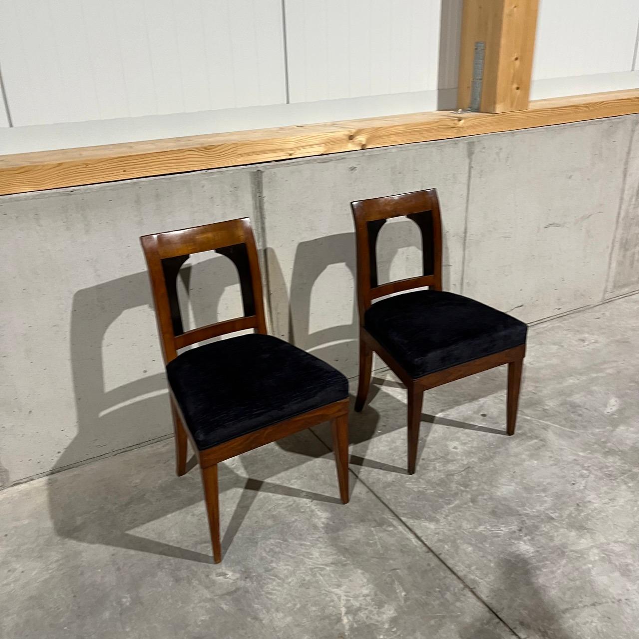 19th Century 1 pair of antique chairs  Biedermeier around 1820  cherry wood  dark blue fab For Sale