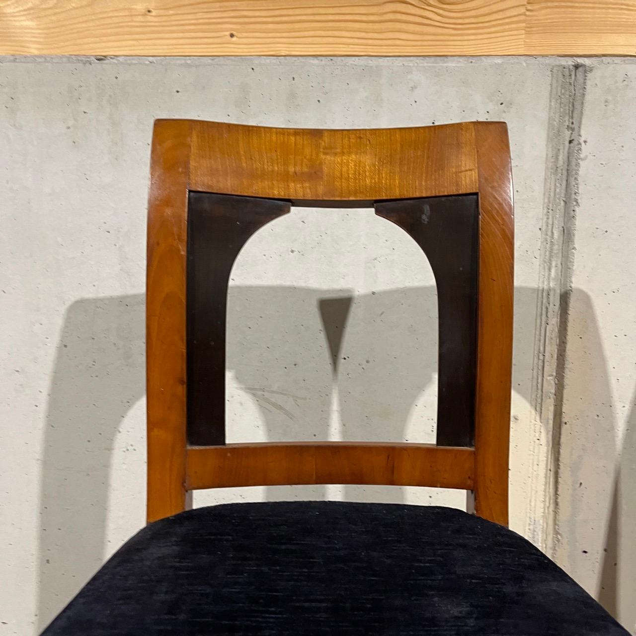 Cherry 1 pair of antique chairs  Biedermeier around 1820  cherry wood  dark blue fab For Sale