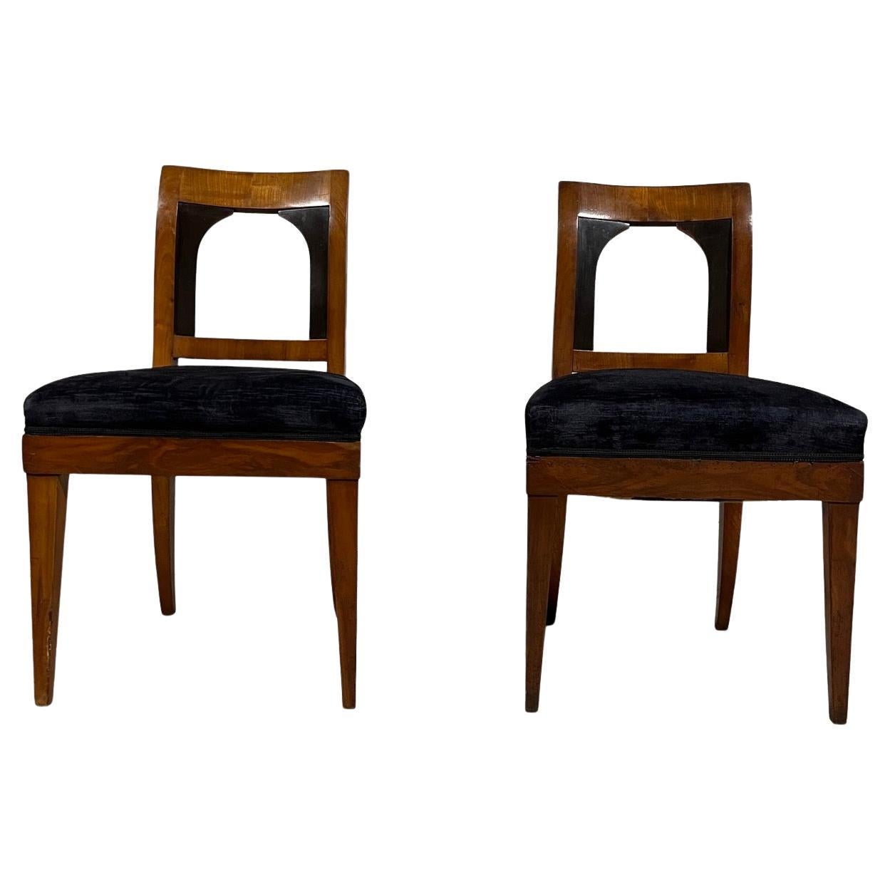 1 pair of antique chairs  Biedermeier around 1820  cherry wood  dark blue fab For Sale