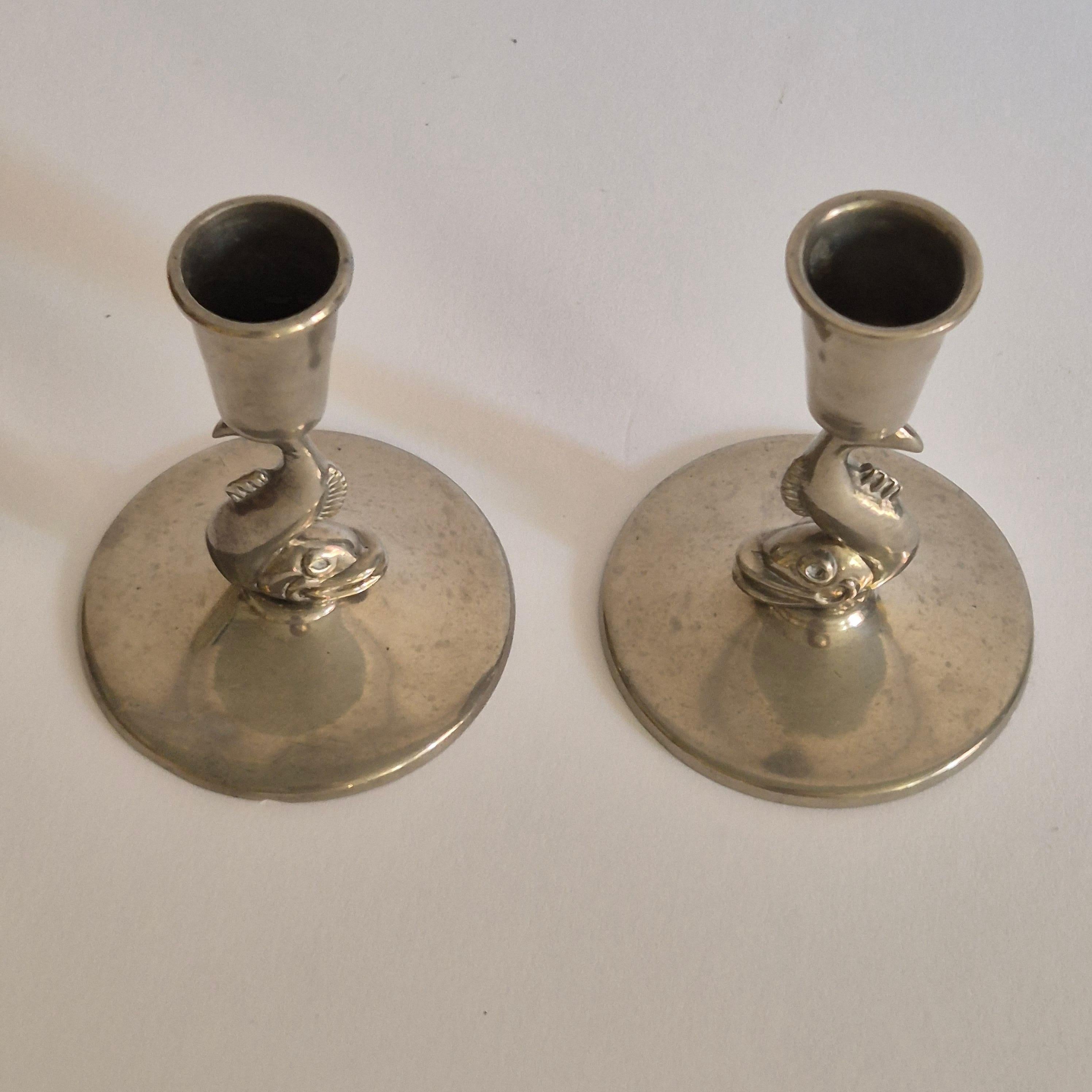 Art Deco 1 pair of candle holders, pewter, decor of dolphins by YSTAD TENN, Swedish Grace