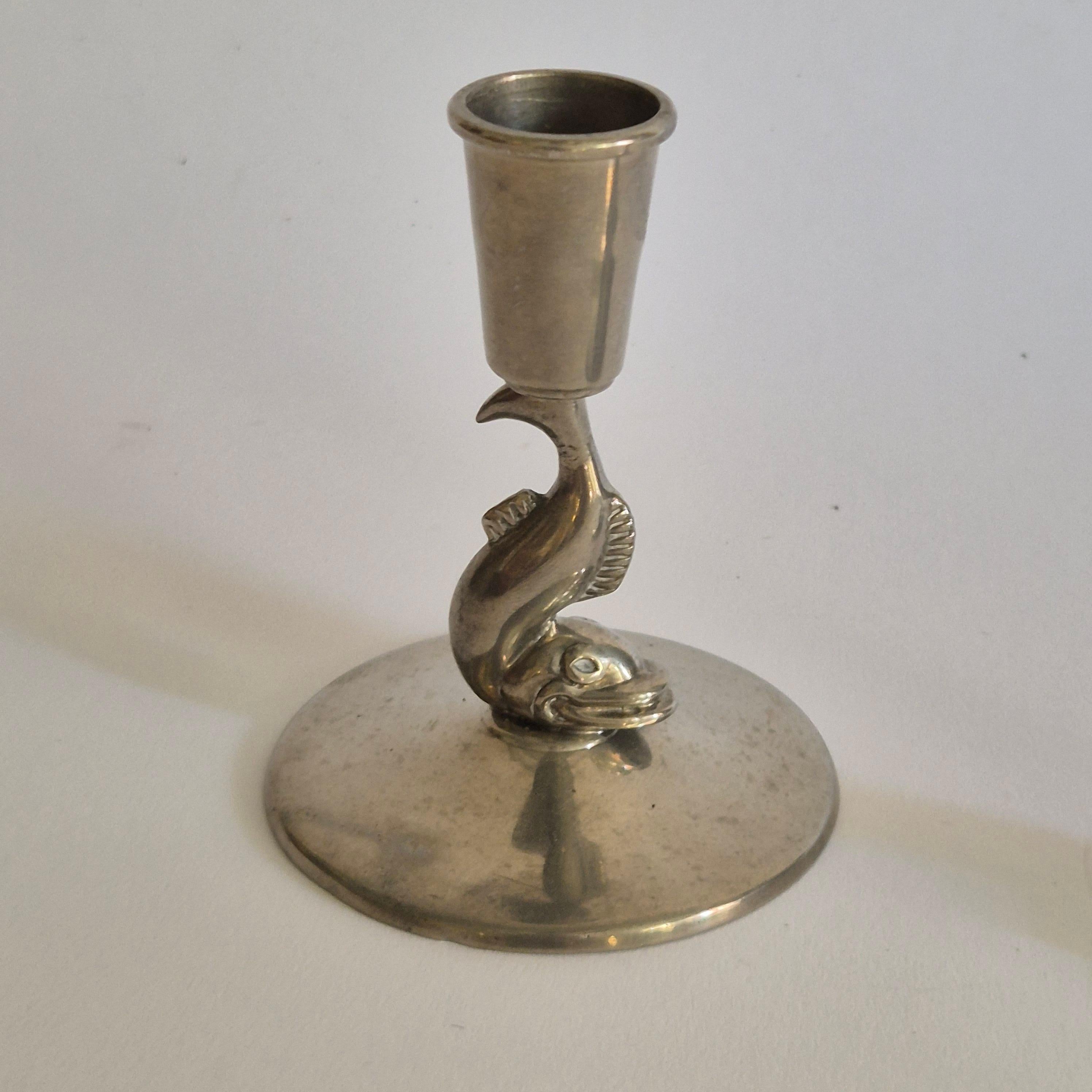 1 pair of candle holders, pewter, decor of dolphins by YSTAD TENN, Swedish Grace In Good Condition In Stockholm, SE