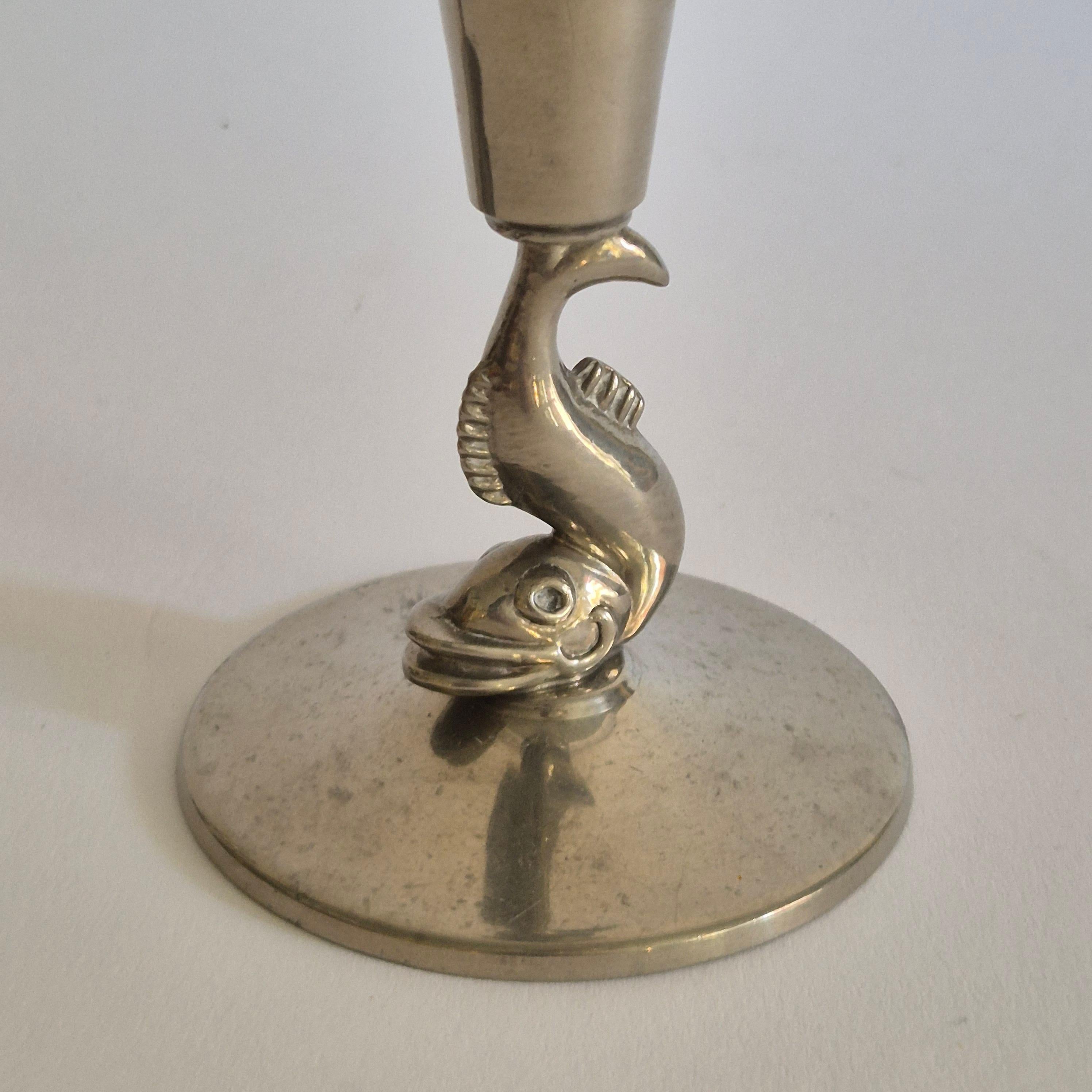 Mid-20th Century 1 pair of candle holders, pewter, decor of dolphins by YSTAD TENN, Swedish Grace