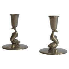 1 pair of candle holders, pewter, decor of dolphins by YSTAD TENN, Swedish Grace