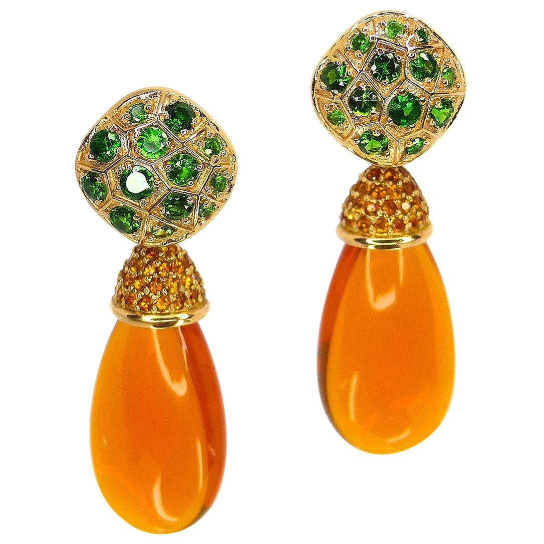 Earrings in Red Gold with 2 Fire Opal Brioletts 28x13x8mm  and 26 Tsavorites. For Sale