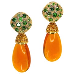 Earrings in Red Gold with 2 Fire Opal Brioletts 28x13x8mm  and 26 Tsavorites.