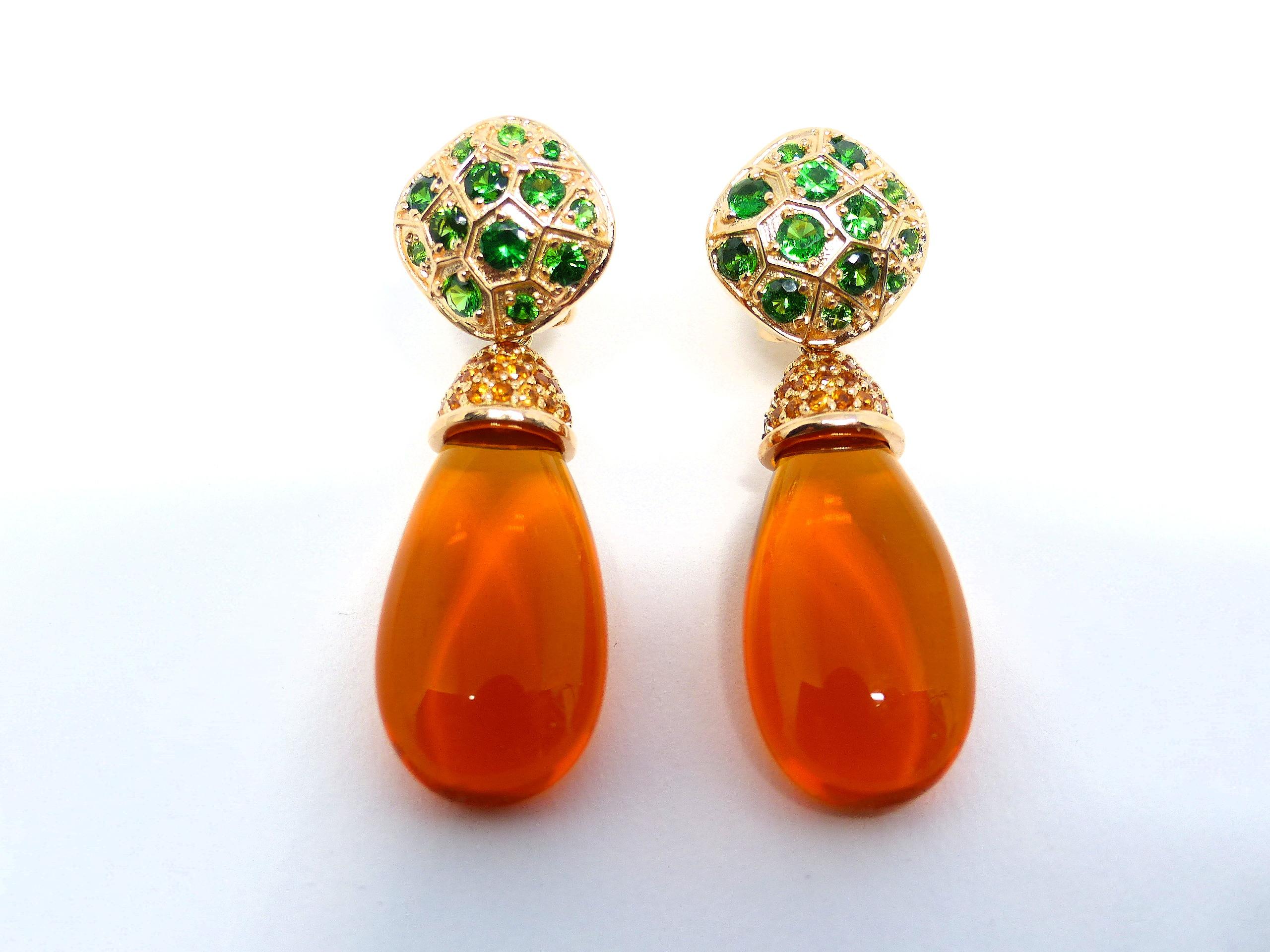 Contemporary Earrings in Red Gold with 2 Fire Opal Brioletts 28x13x8mm  and 26 Tsavorites. For Sale