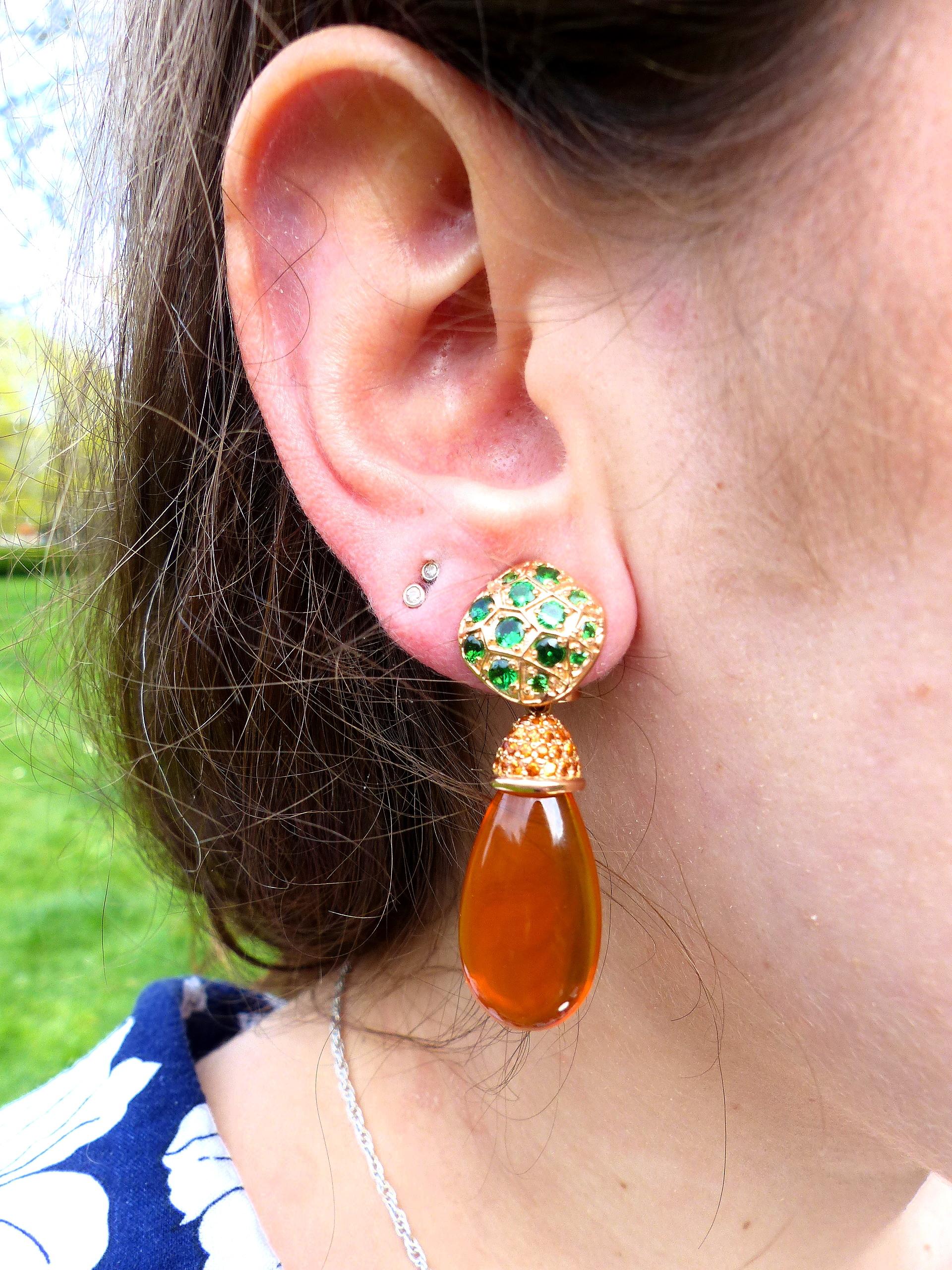 Briolette Cut Earrings in Red Gold with 2 Fire Opal Brioletts 28x13x8mm  and 26 Tsavorites. For Sale
