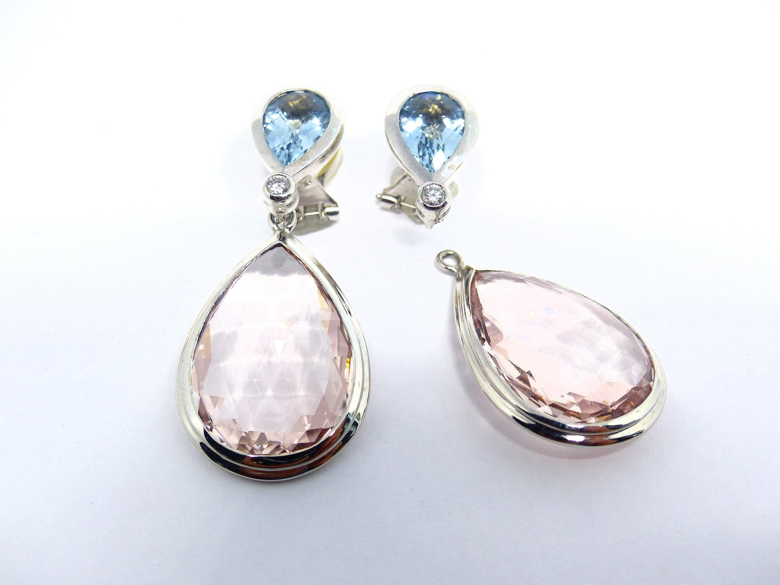 Contemporary Earrings in White Gold with Morganites Briolets, Aquamarines & Diamonds For Sale