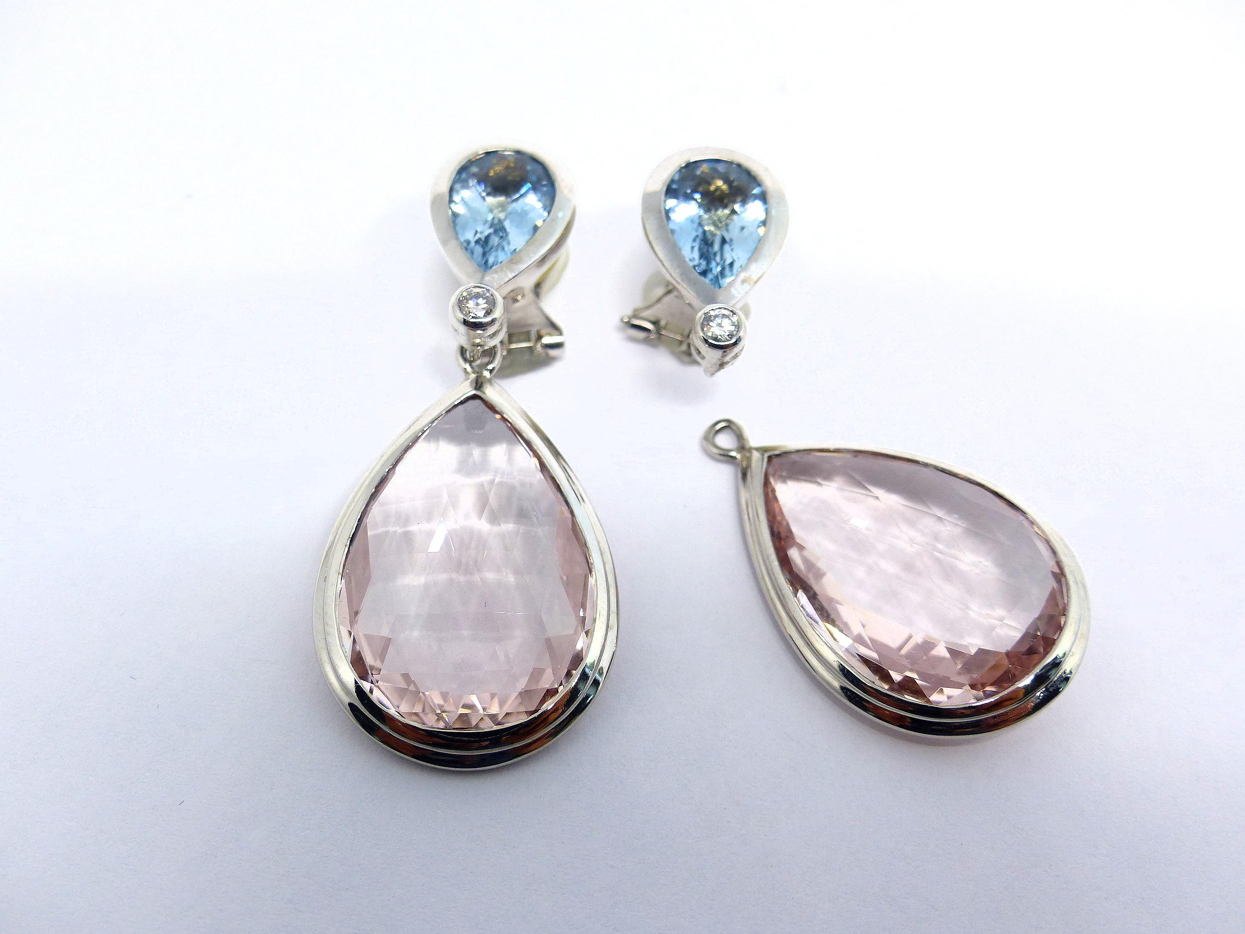 Briolette Cut Earrings in White Gold with Morganites Briolets, Aquamarines & Diamonds For Sale