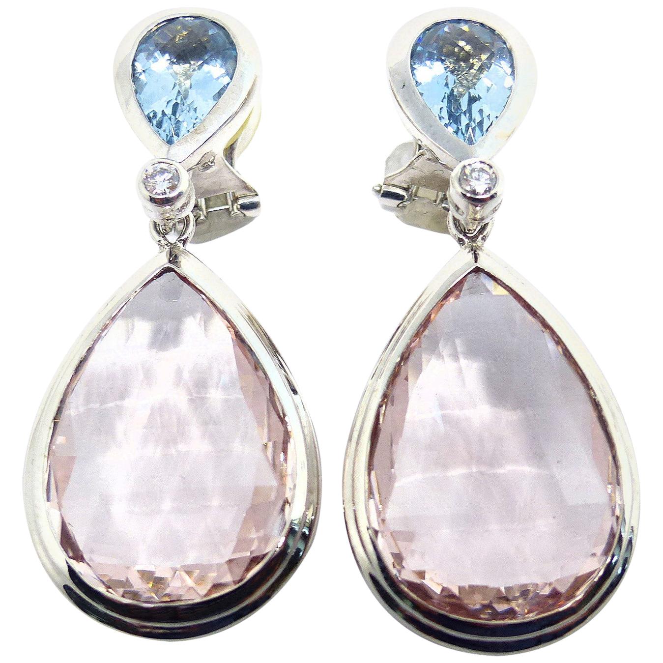 Earrings in White Gold with Morganites Briolets, Aquamarines & Diamonds For Sale
