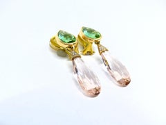Earring in Rose Gold with 2 Morganites Briolets and 2 Tourmalines and Diamonds.