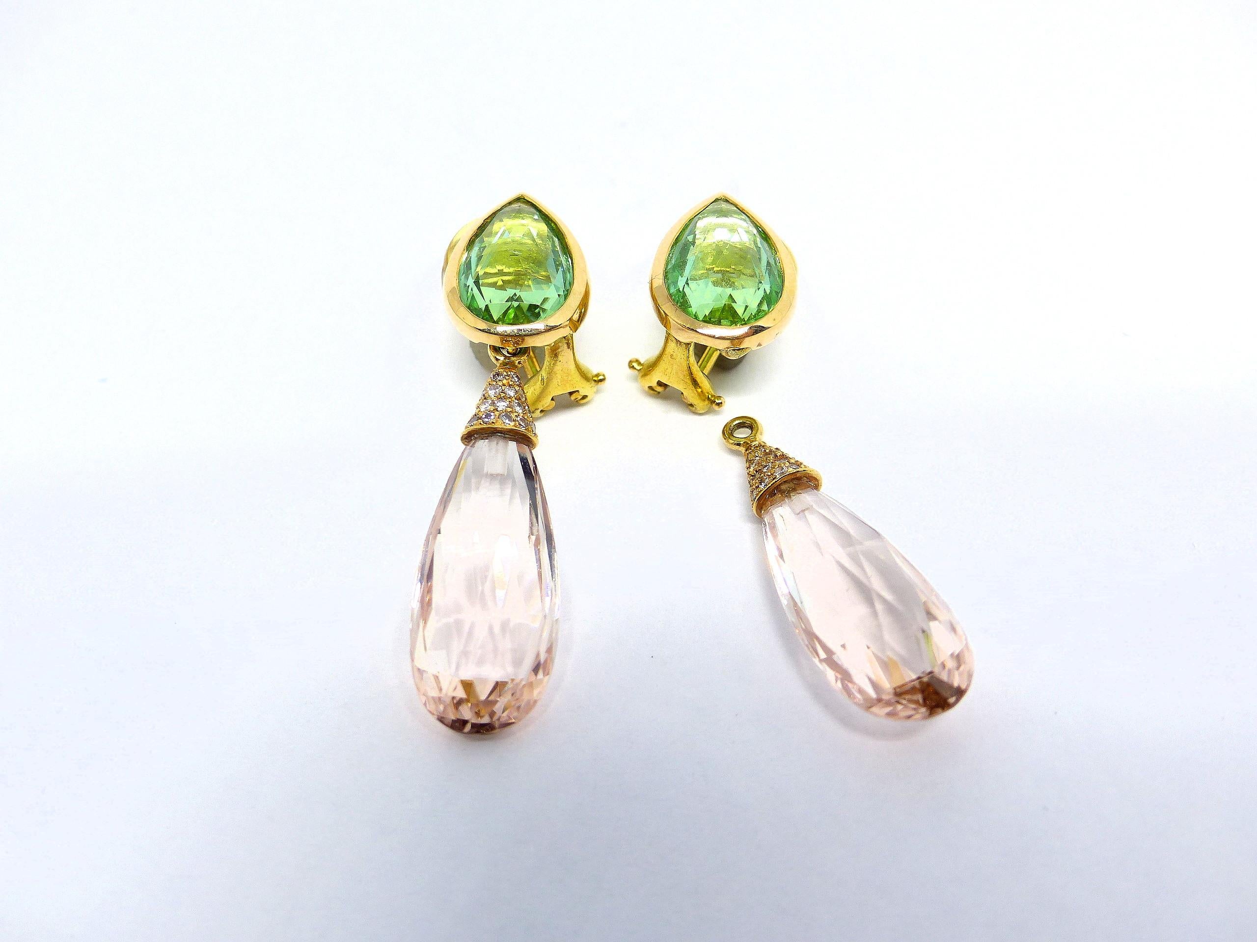 Pear Cut Earring in Rose Gold with 2 Morganites Briolets and 2 Tourmalines and Diamonds. For Sale