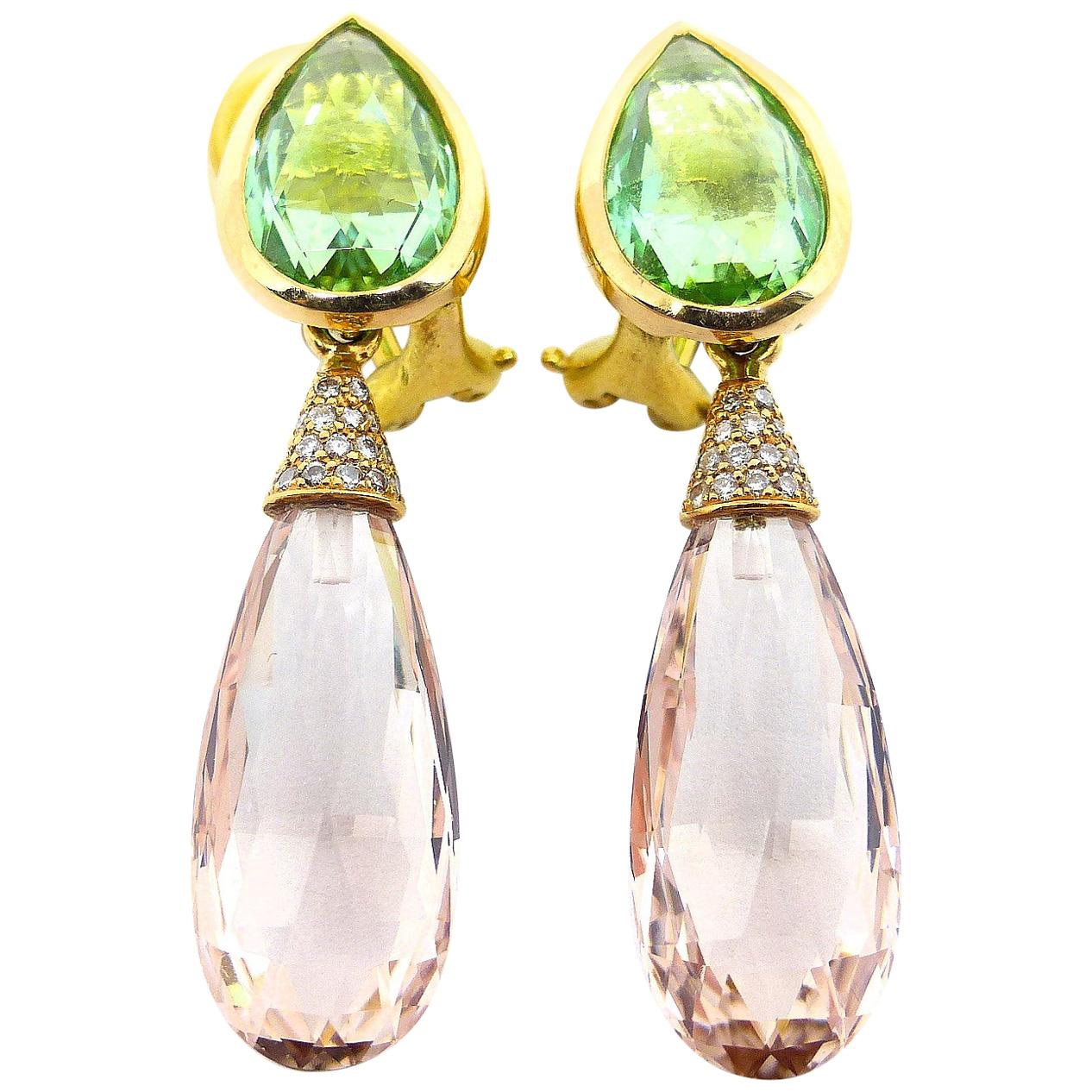 Earring in Rose Gold with 2 Morganites Briolets and 2 Tourmalines and Diamonds.