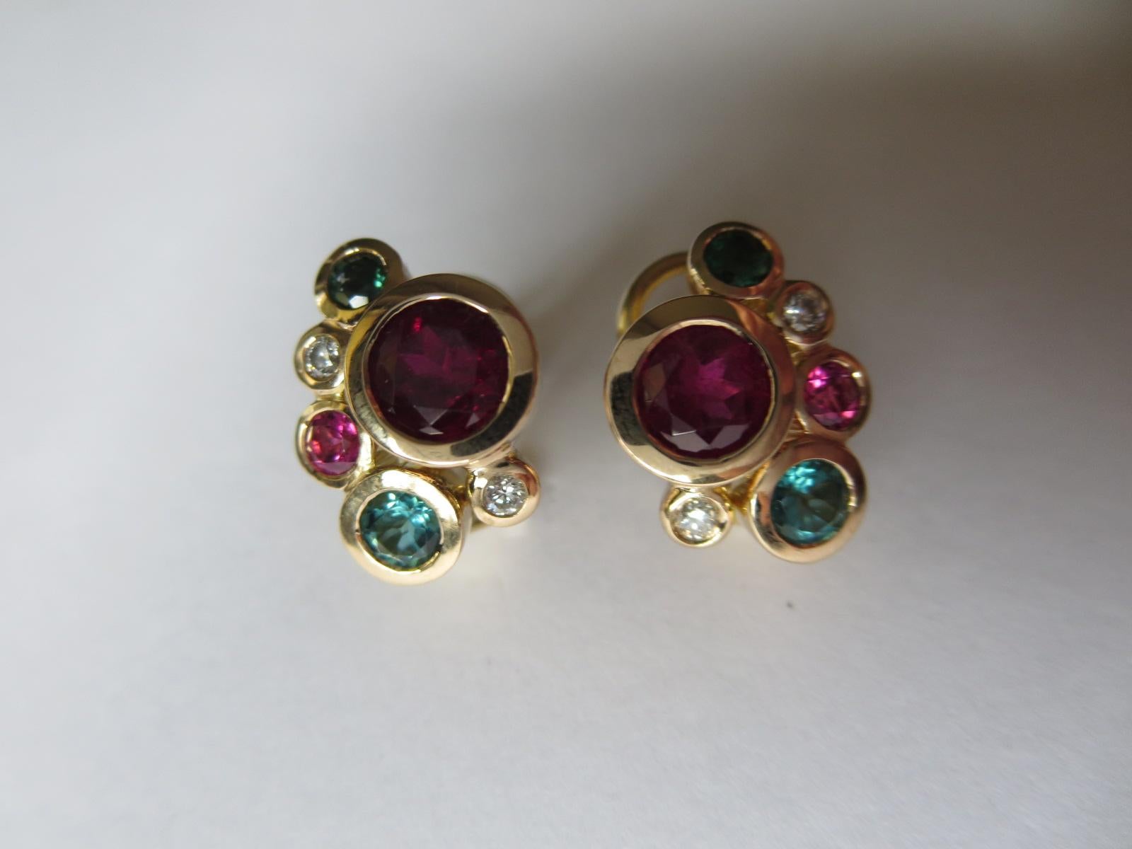 Contemporary Leyser 18k Rose Gold Rubelites & Green Tourmalines Earrings For Sale