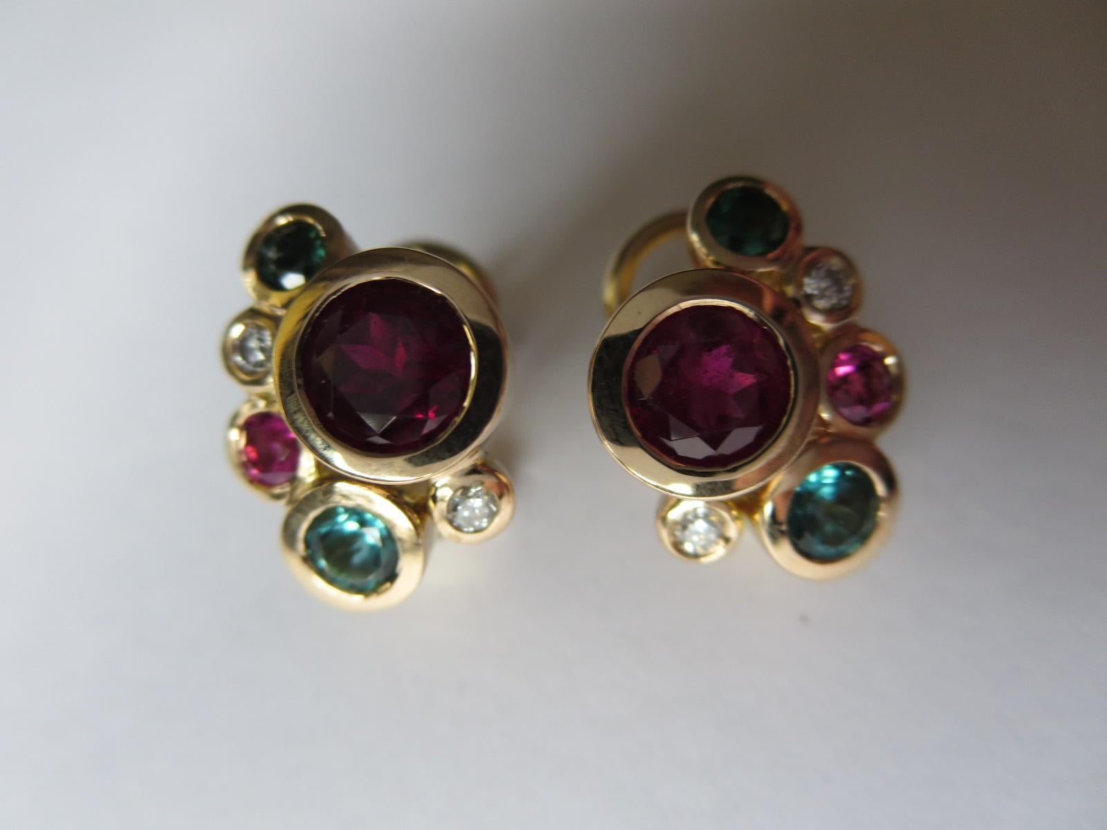 Brilliant Cut Leyser 18k Rose Gold Rubelites & Green Tourmalines Earrings For Sale