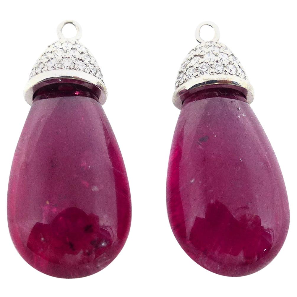 Earrings in White Gold with 2 Rubelite Brioletts and Diamonds.  For Sale