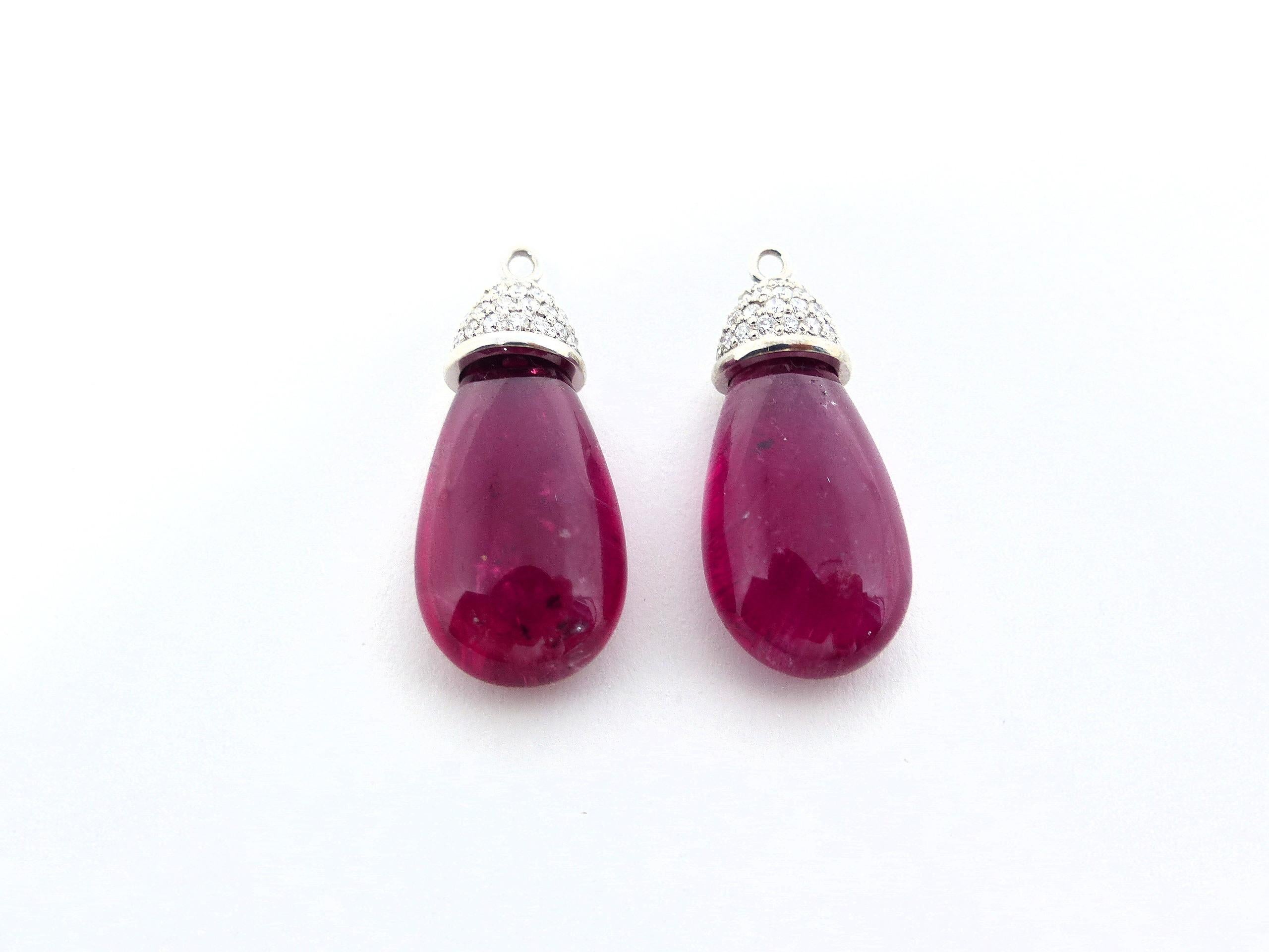 Contemporary Earrings in White Gold with 2 Rubelite Brioletts and Diamonds.  For Sale