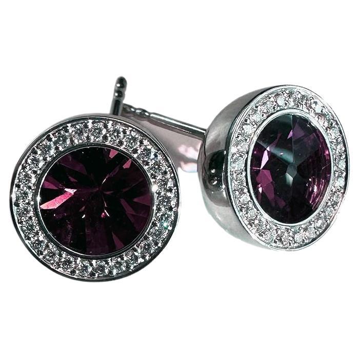 1 Pair Platinum Earrings with Round Pink Tourmaline and 50 Brilliants Fvs 0.27ct
