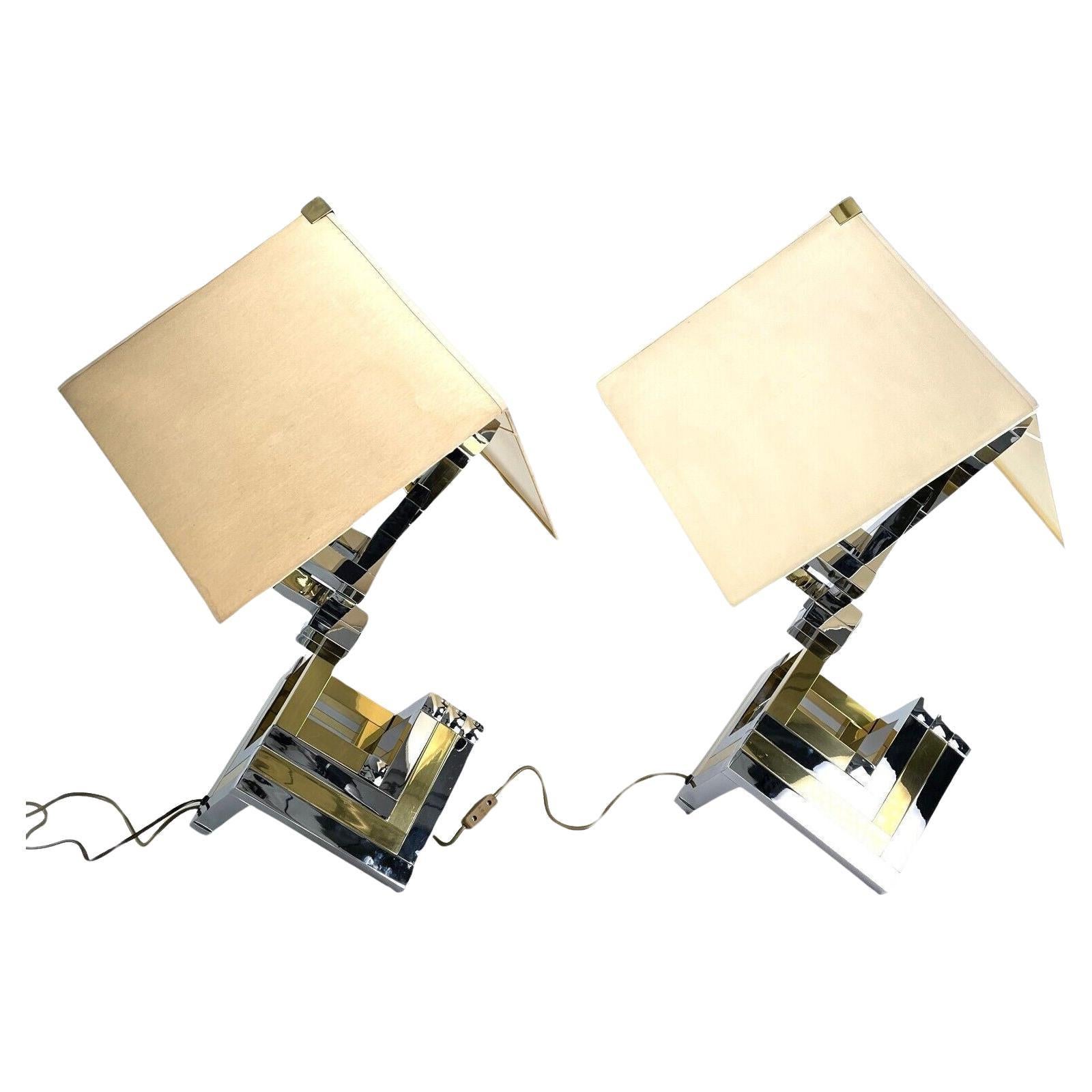 1 Pair Table Lamps by Willy RIZZO for Lumica Barcelona, chrome brass, 1970s