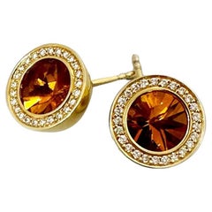 1 Pair Yellow Gold Earrings, Mandarin-Citrin, 50 Brilliants Fvs 0.25 Ct Total