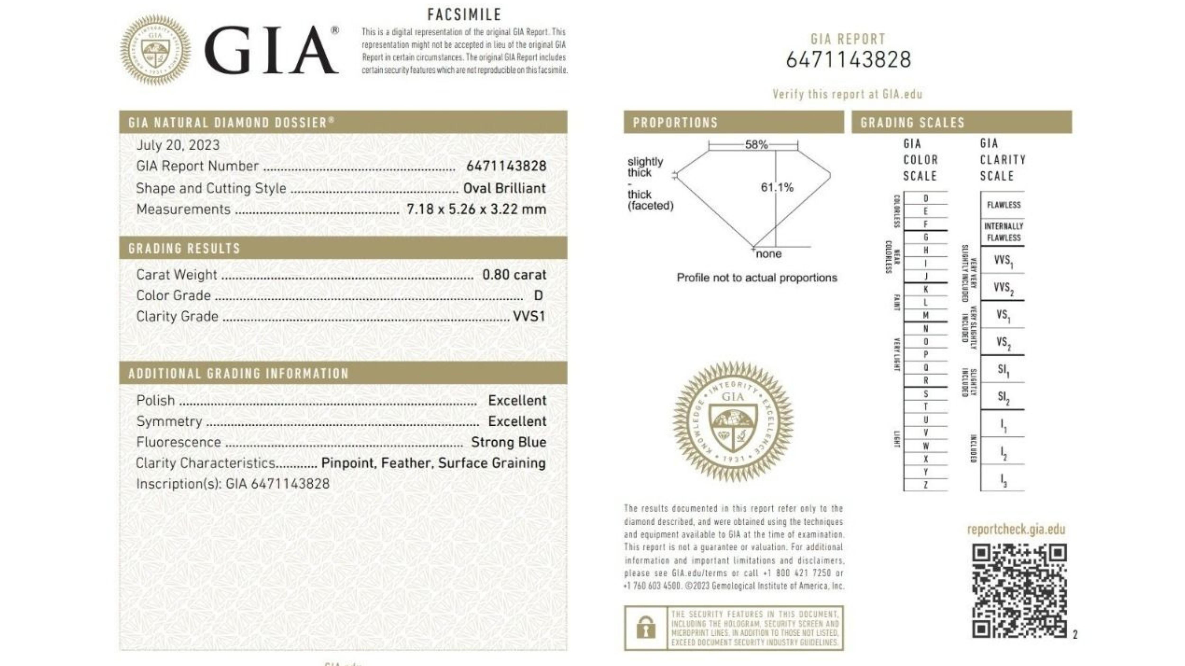 Ce magnifique diamant ne manquera pas de faire tourner les têtes. Il est orné d'un étincelant diamant ovale de 0,8 carat de couleur D, de pureté VVS1 et de taille EX. Le diamant est accompagné d'un certificat GIA et d'un numéro d'inscription au