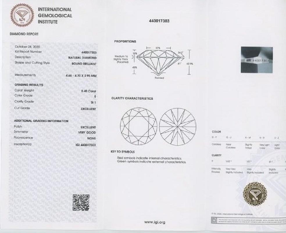 Taglio rotondo 1 pz Diamante naturale - 0,40 ct - Rotondo - E - Certificato SI1- IGI in vendita
