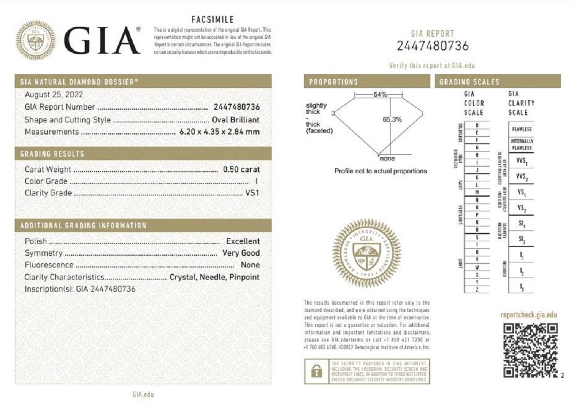 1 pc Natural Diamond - 0.50 ct - Oval - I - VS1- GIA Certificate In New Condition For Sale In רמת גן, IL