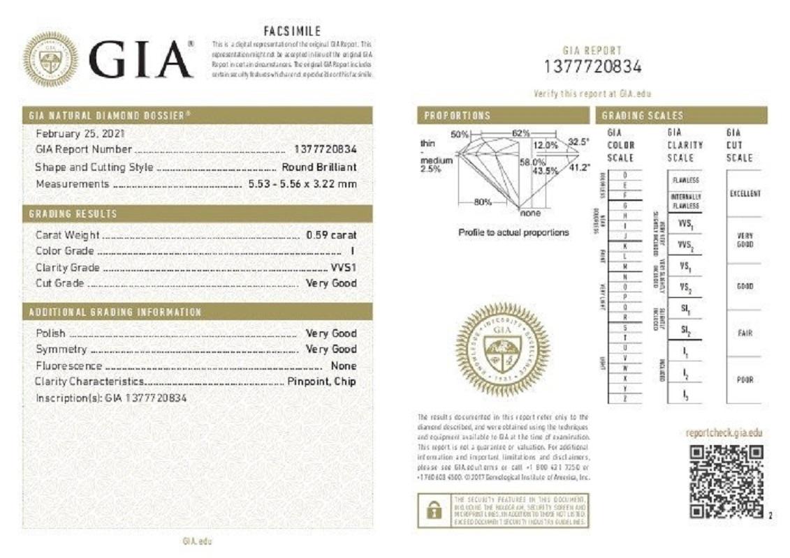 1 carat de diamant naturel - 0,59 carat - rond, brillant - I - certificat GIA Unisexe en vente