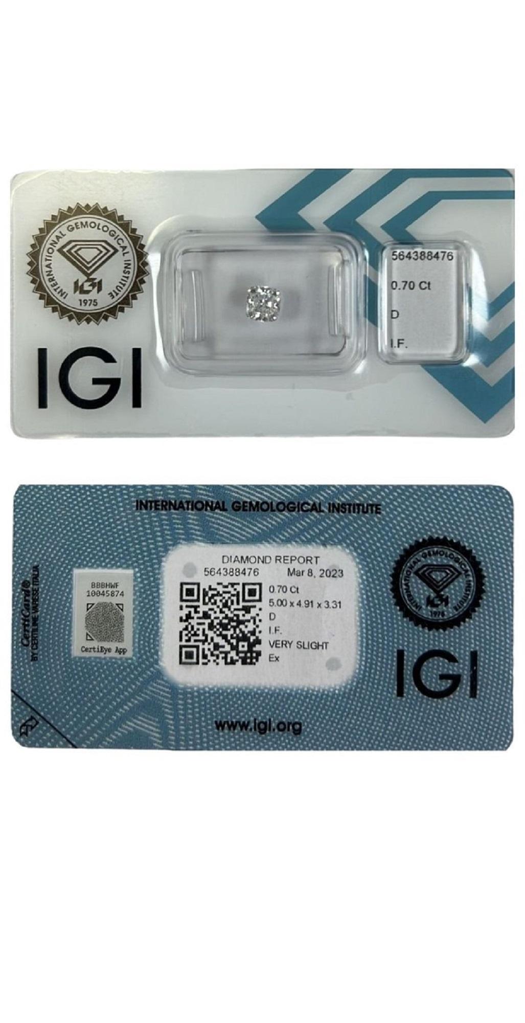 Women's or Men's 1 Pc Natural Diamond 0.70 Carat Cushion D IF, IGI Certificate