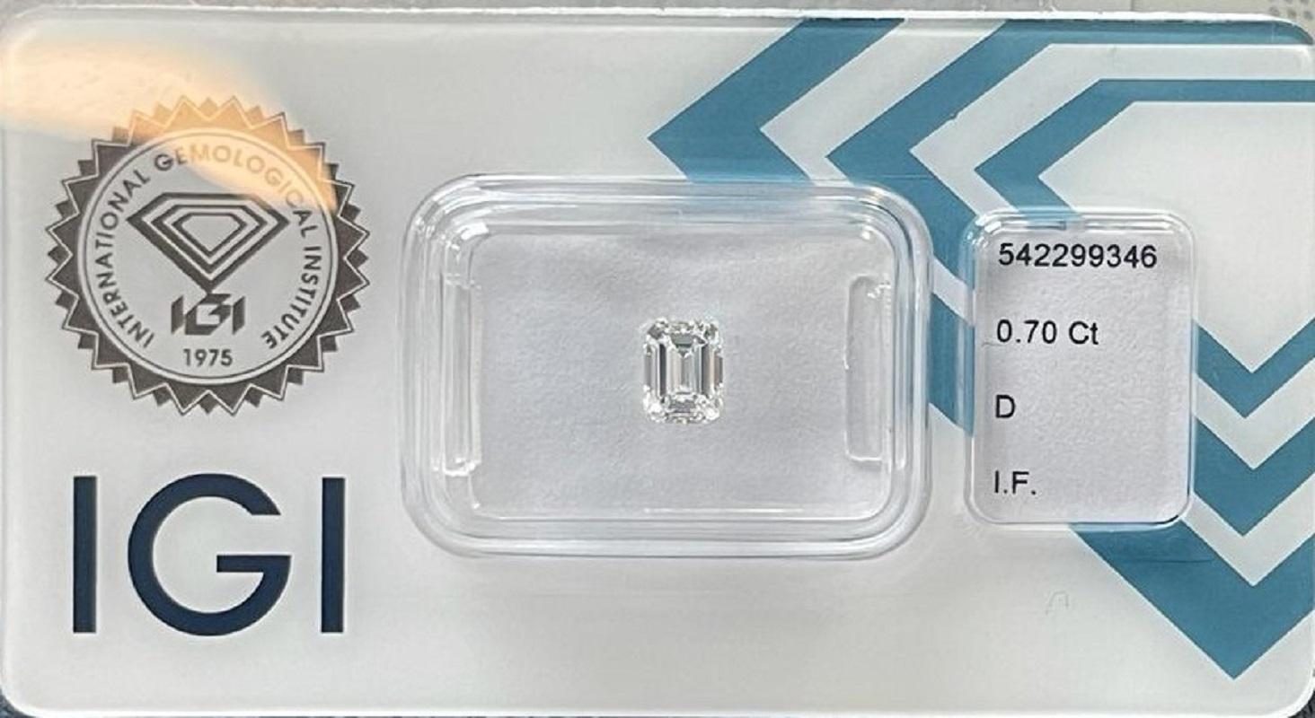 Dazzling natural emerald cut diamond in a 0.7 carat D IF excellent cut. This diamond comes with IGI Certificate and laser inscription number.

SKU: PT-1101
IGI 542299346