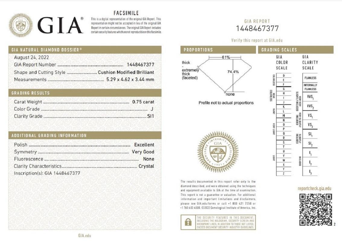 1 Pieza Diamante Natural, 0.75 Ct, Cojín, J, SI1, Certificado GIA en venta 1
