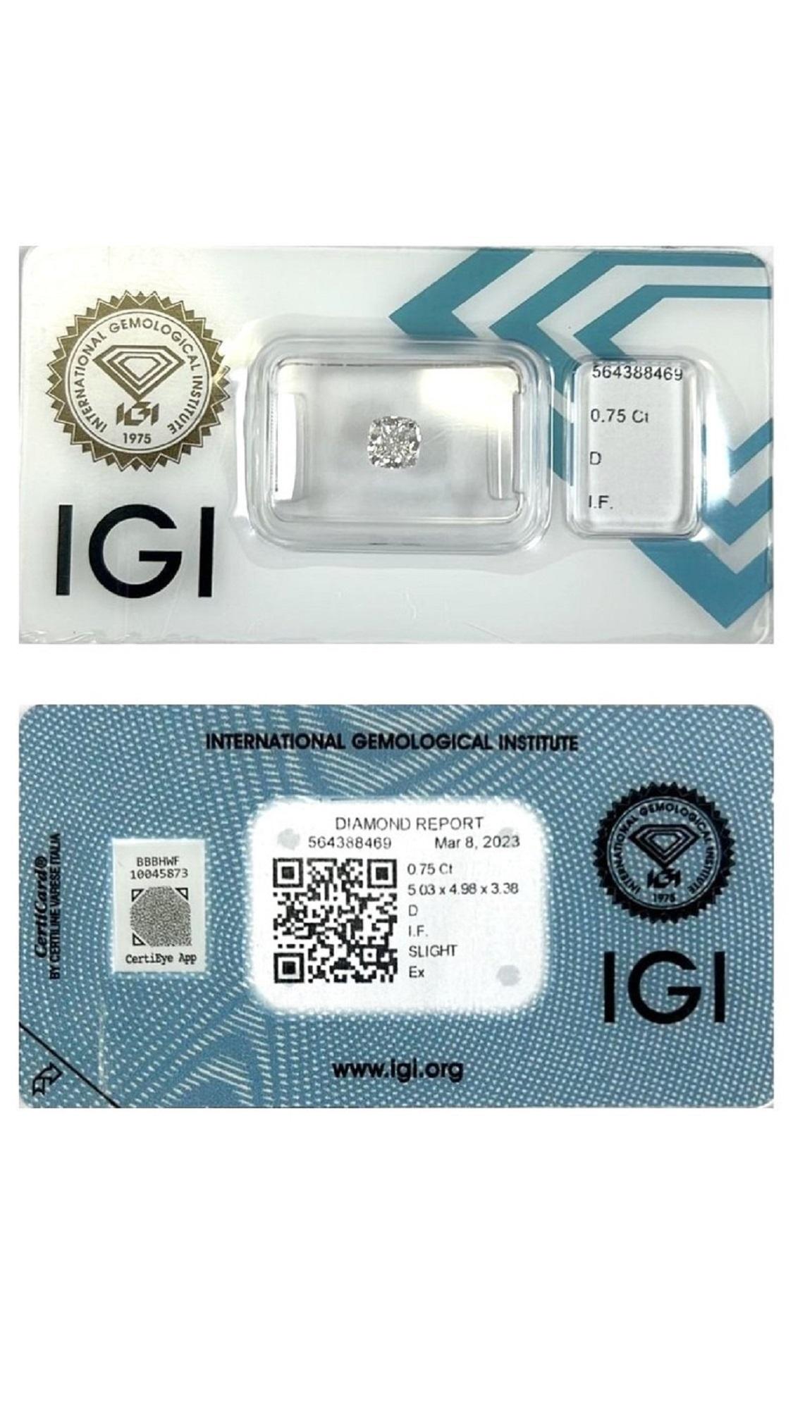 1 pièce diamant naturel de 0,75 carat coussin carré modifié D IF IGI Certificat Unisexe en vente