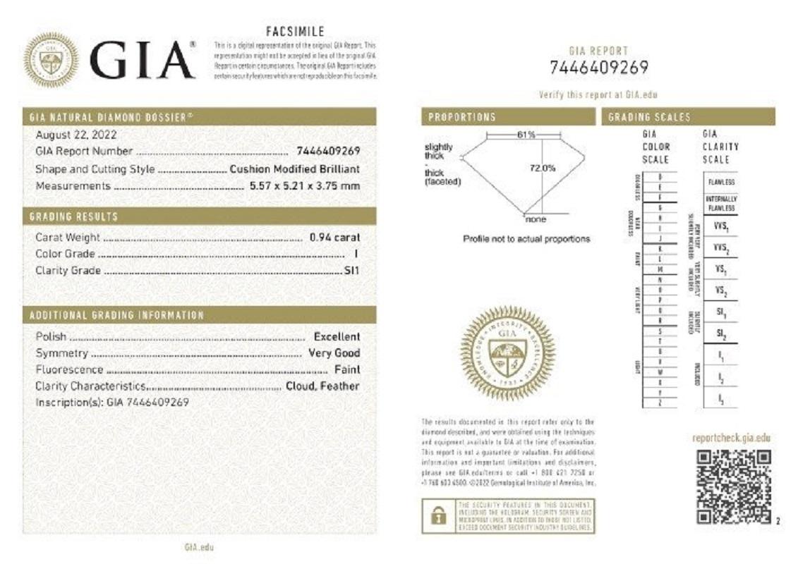 Women's or Men's 1 pc Natural Diamond - 0.94 ct - Cushion - I - SI1- GIA Certificate