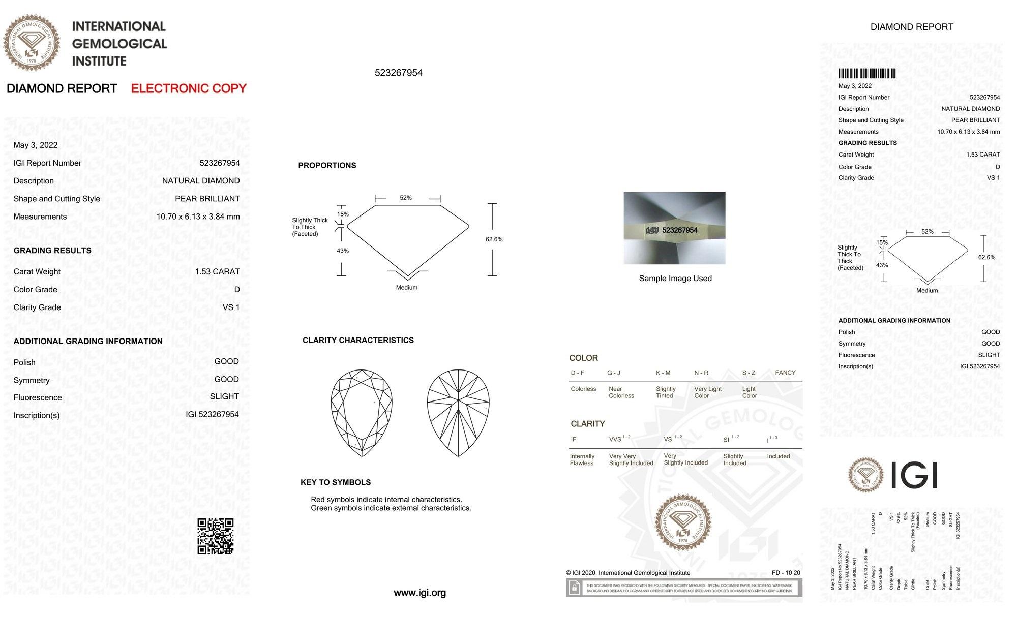 Women's or Men's 1 pc Natural Diamond - 1.53 ct - Pear - D (colourless) - VS1- IGI Certificate For Sale