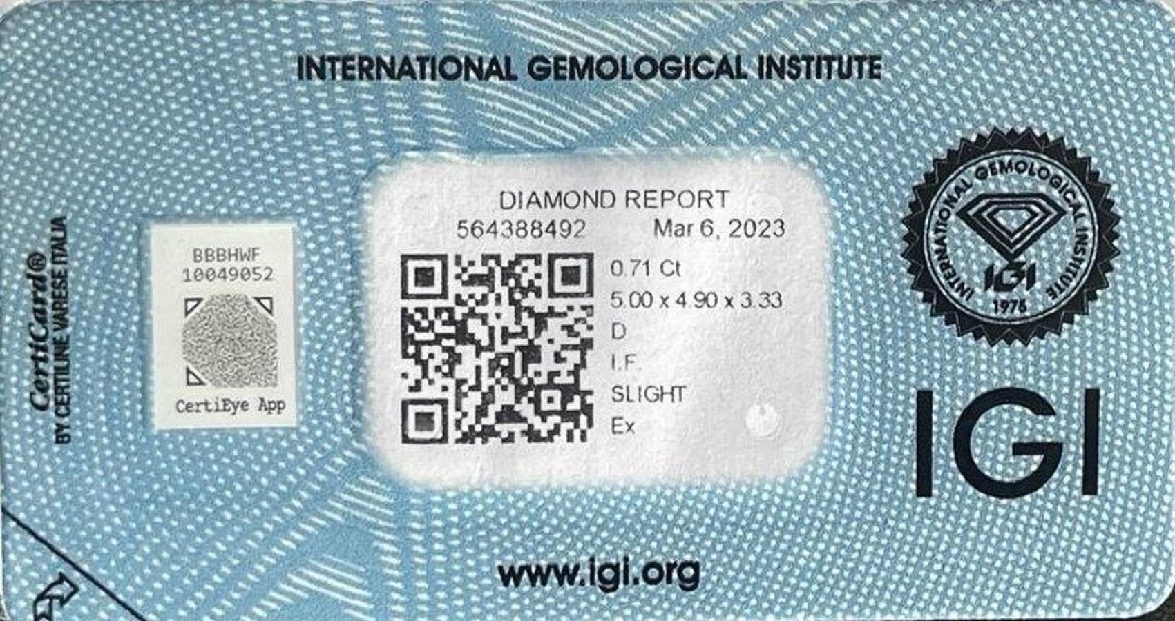 Women's or Men's 1pc Natural Diamond with 0.71 Carat Square Cushion D IF IGI Certificate