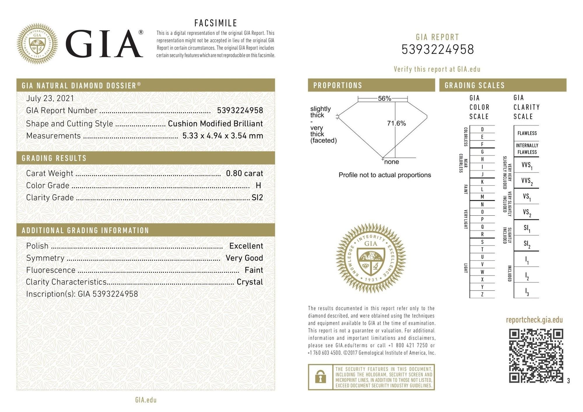 Natural diamond in a 0.80 carat H SI2 Ideal cut Cushion with GIA Certificate and laser inscription number.

GIA report no. 5393224958

Sku: PT-368