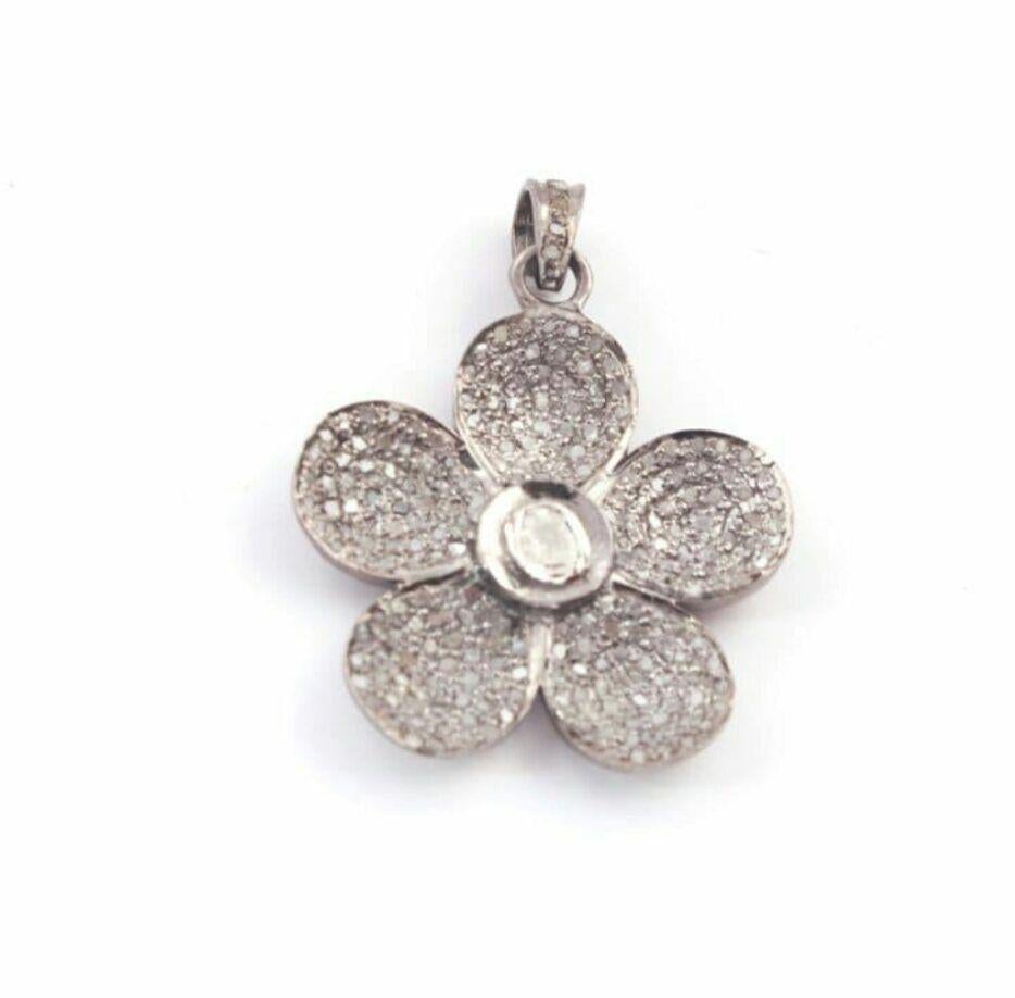 Art Deco 1 Pc Pave Diamond Flower Charm Pendant Rosecut Diamond 925 Silver Pendant For Sale