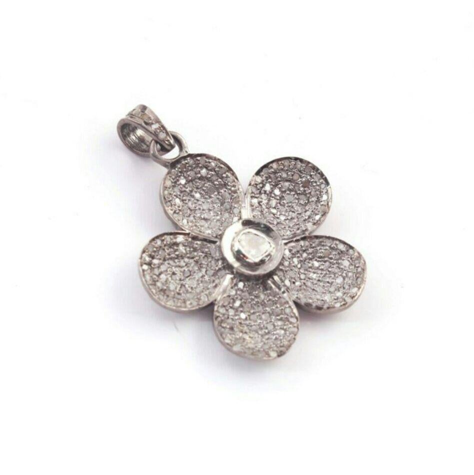 Women's or Men's 1 Pc Pave Diamond Flower Charm Pendant Rosecut Diamond 925 Silver Pendant For Sale