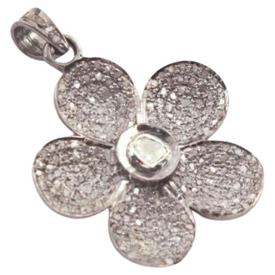 1 Pc Pave Diamond Flower Charm Pendant Rosecut Diamond 925 Silver Pendant
