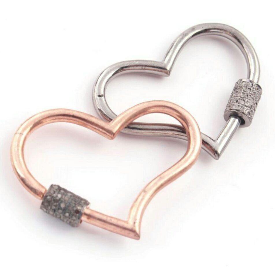 Uncut 1 Pc Pave Diamond Heart Shape Carabiner Clasps 925 Sterling Silver Diamond Lock. For Sale
